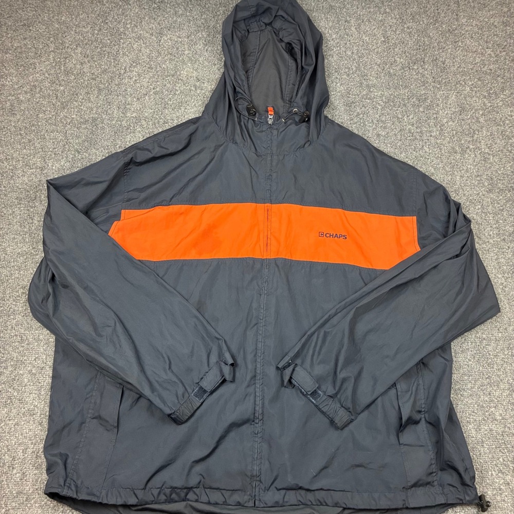 Chaps Mens Size 2XB XXB Windbreaker Jacket Hooded Colorblock Navy Blue Full Zip